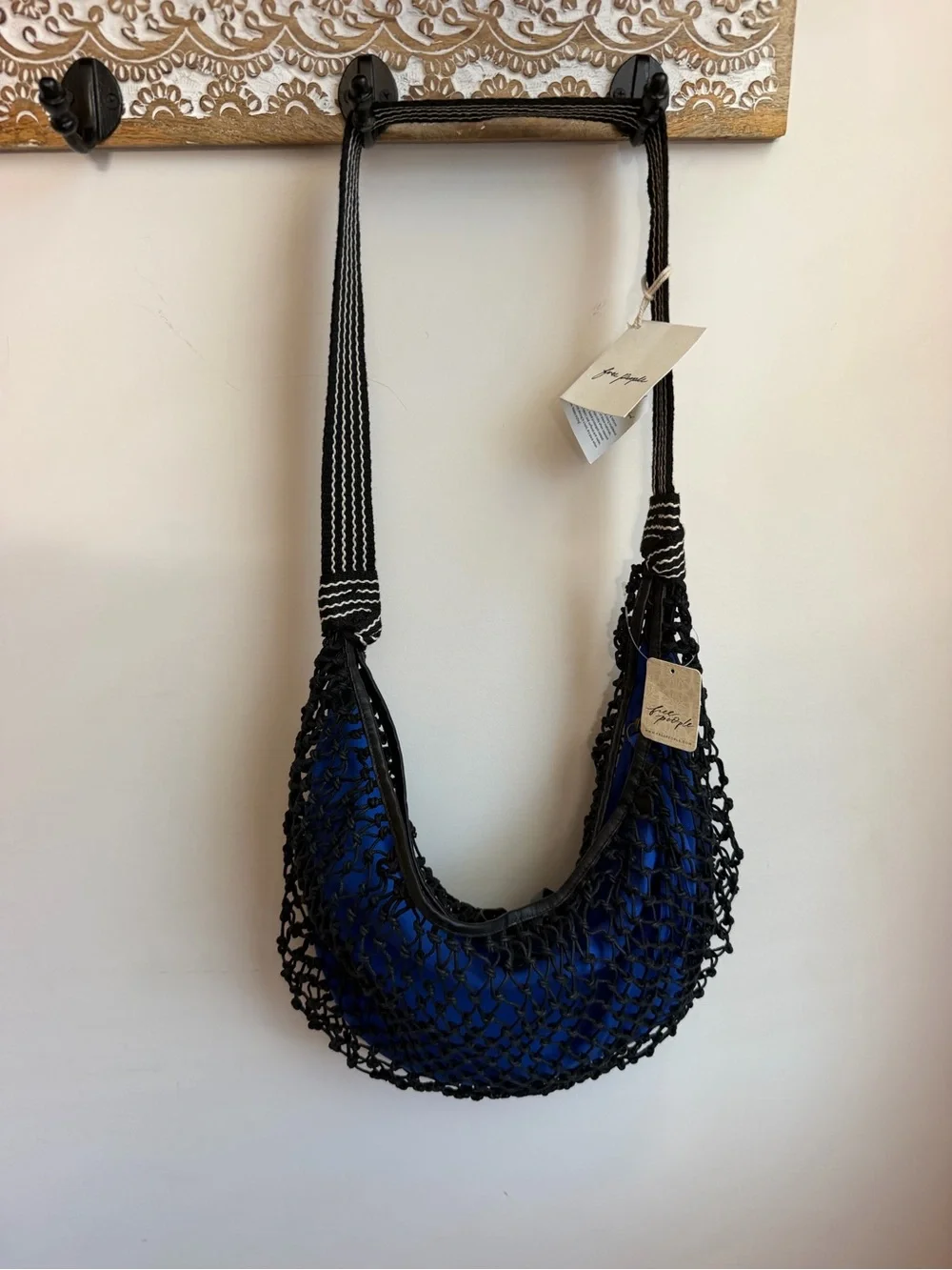 NWT Free People Silver Springs Sling Bag Crochet Mesh Black Blue MSRP $98